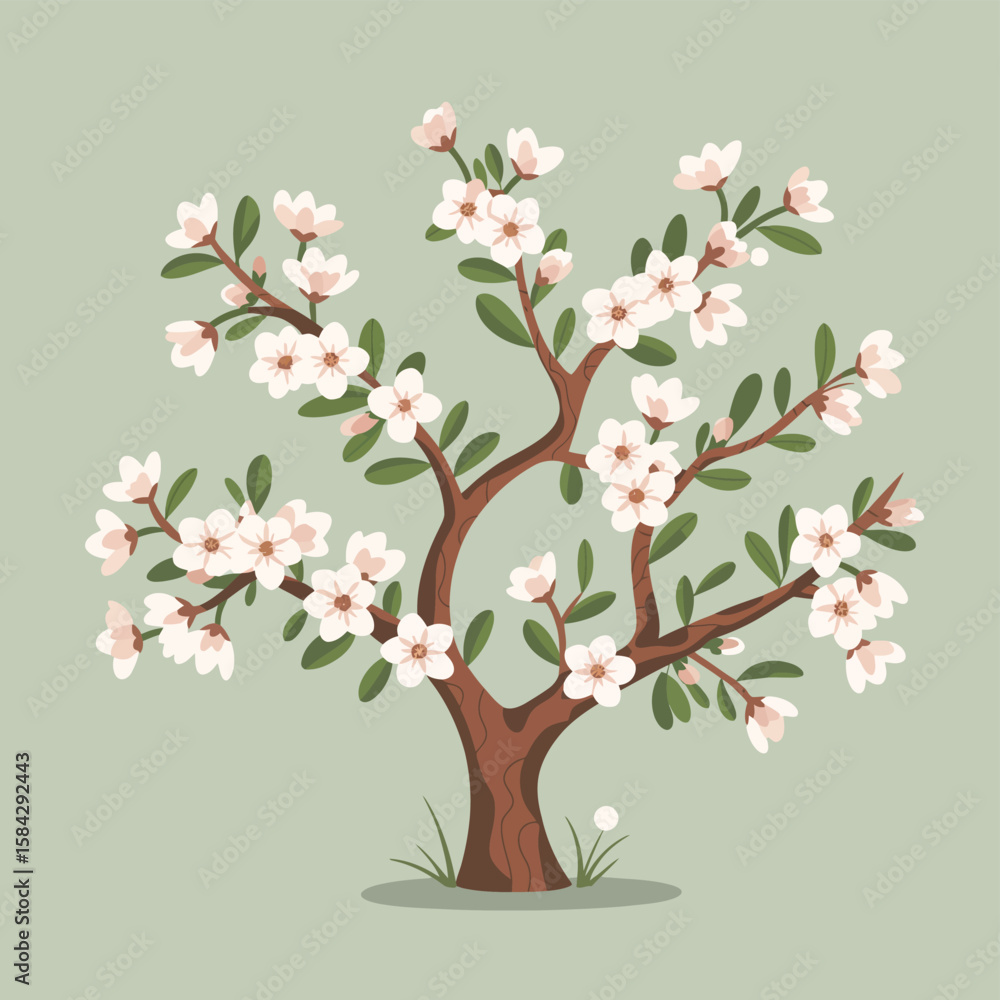 Fototapeta premium Stylized almond tree illustration with white blossoms and green leaves on a soft green background