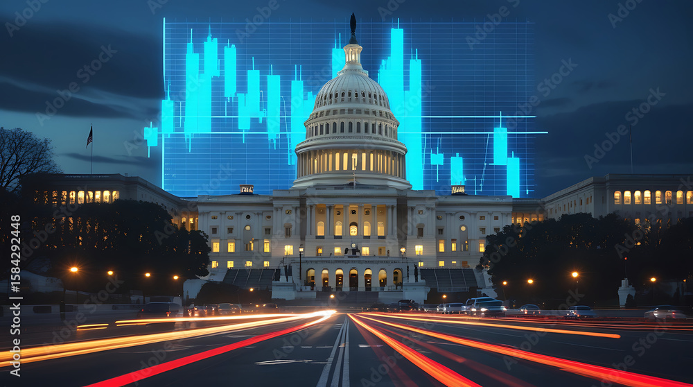 Fototapeta premium US Capitol with a financial stock chart overlay, representing economy and government