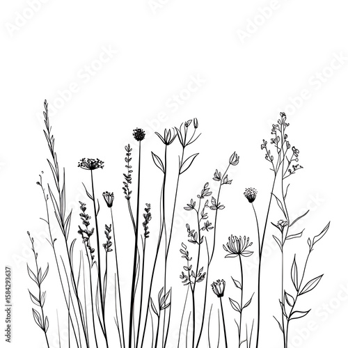 Highly detailed illustrations of various trees, leaves, grasses, and botanical elements, featuring realistic, minimalist, and abstract compositions on a white background.