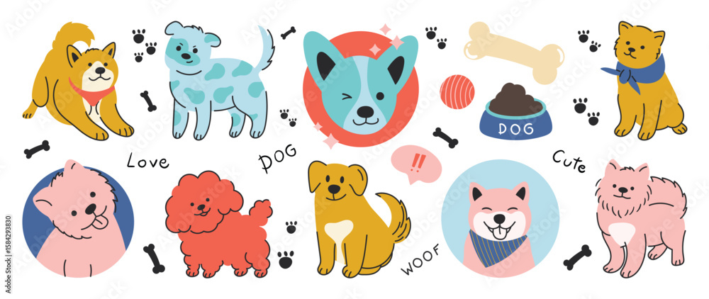 Fototapeta premium Dog sticker vector. Lovely dog doodle pattern in different poses and breeds. Adorable funny pet and many characters hand drawn collection for T-shirt, sticker, print, pet shop. 