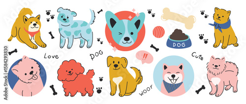Dog sticker vector. Lovely dog doodle pattern in different poses and breeds. Adorable funny pet and many characters hand drawn collection for T-shirt, sticker, print, pet shop. 