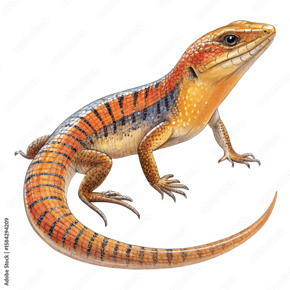 Fototapeta premium Small striped skink lizard with orange tail