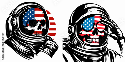 A Skeleton as Astronaut shielding eyes determined. Independence Day 4th of July American Flag Print Clipart Vector Illustration. Boney space traveler gazing afar certain the mission visor.