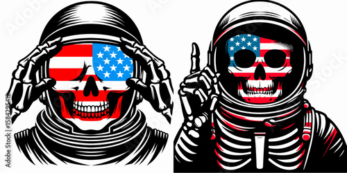 A Skeleton as Astronaut shielding eyes determined. Independence Day 4th of July American Flag Print Clipart Vector Illustration. Boney cosmonaut protecting vision with resolve peering.