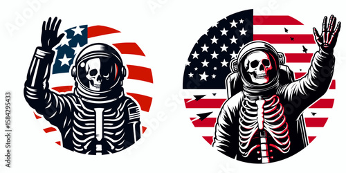 A Skeleton as Astronaut waving to Earth nostalgic. Independence Day 4th of July American Flag Print Clipart Vector Illustration. Bony spaceman greeting planet from cosmos memory home.