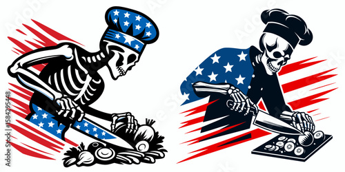 A Skeleton as Chef chopping vegetables swiftly. Independence Day 4th of July American Flag Print Clipart Vector Illustration. bony cook slicing produce quick skull at kitchen work meal.