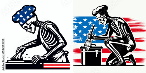 A Skeleton as Chef cleaning workstation diligently. Independence Day 4th of July American Flag Print Clipart Vector Illustration. Bone cook tidying up kitchen area carefully ensuring.