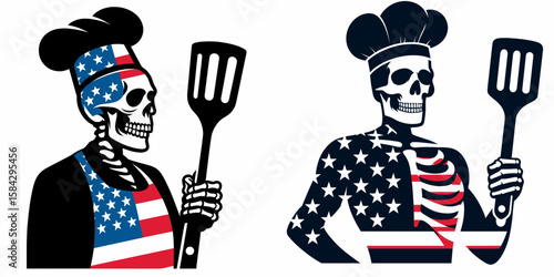 A Skeleton as Chef holding spatula proudly. Independence Day 4th of July American Flag Print Clipart Vector Illustration. Cook figure with utensil culinary image pride.