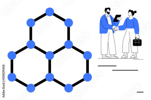 Molecule-style connection network with blue nodes alongside two professionals shaking hands, symbolizing collaboration, partnership, and teamwork. Ideal for networking, business, science, innovation