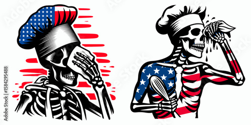 A Skeleton as Chef wiping sweat after rush. Independence Day 4th of July American Flag Print Clipart Vector Illustration. Bony cook relief hectic period mopping forehead kitchen work.