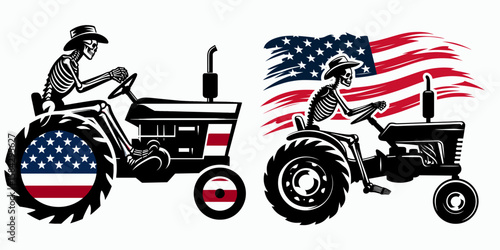 A Skeleton as Farmer driving tractor skillfully. Independence Day 4th of July American Flag Print Clipart Vector Illustration. Bony farmhand maneuvering cultivating auto expertly harvest.