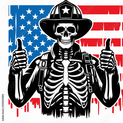 A Skeleton as Firefighter giving thumbs up proudly. Independence Day 4th of July American Flag Print Clipart Vector Illustration. Bony rescuer shows approval after saving life is hero.