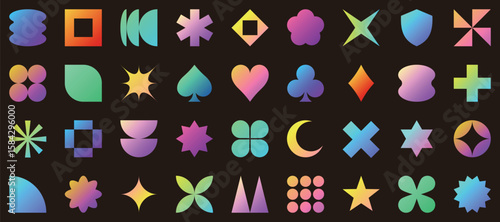 ネオンカラーのグラデーションで彩色された抽象的で幾何学的なシルエットアイコンのベクターイラストレーションセット