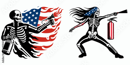 A Skeleton as Firefighter throwing fire extinguisher confidently. Independence Day 4th of July American Flag Print Clipart Vector Illustration. Bony figure rescuer using safety device.