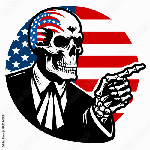 A Skeleton as Lawyer pointing to evidence decisive. Independence Day 4th of July American Flag Print Clipart Vector Illustration. Bony advocate presents key fact vital item for court case.