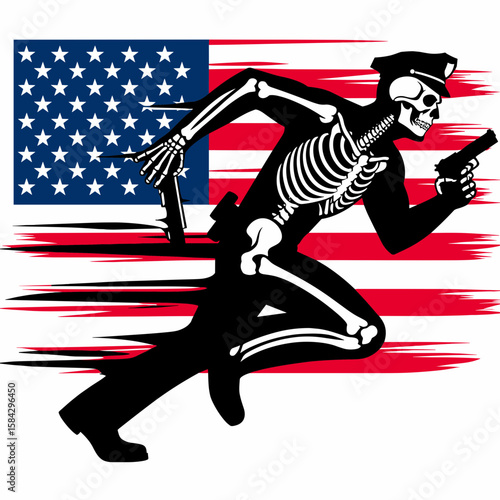 A Skeleton as Police officer chasing suspect determined. Independence Day 4th of July American Flag Print Clipart Vector Illustration. Bony figure law agent pursuing fugitive showing focus.