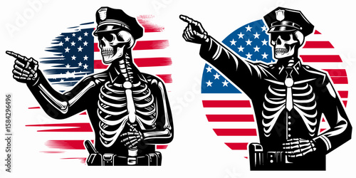 A Skeleton as Police officer directing traffic with authority. Independence Day 4th of July American Flag Print Clipart Vector Illustration. Bony guard giving road guidance using power.