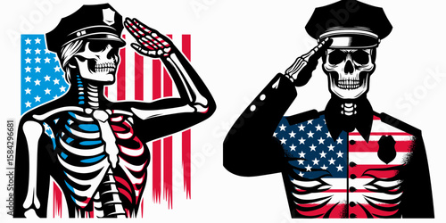 A Skeleton as Police officer saluting proudly. Independence Day 4th of July American Flag Print Clipart Vector Illustration. Bony law enforcer giving honor bone structure in uniform feeling.
