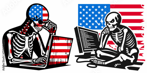 A Skeleton as Programmer debugging with frustrated frown. Independence Day 4th of July American Flag Print Clipart Vector Illustration. Bony coder fixing error unhappy face annoyed.