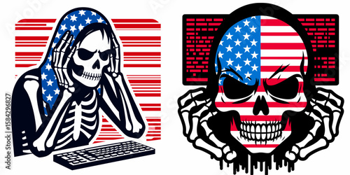 A Skeleton as Programmer debugging with frustrated frown. Independence Day 4th of July American Flag Print Clipart Vector Illustration. Bony coder fixes error unhappy scowl coding job.