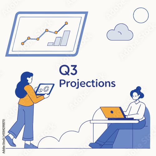 Quarterly projections vector illustration of women analyzing data charts