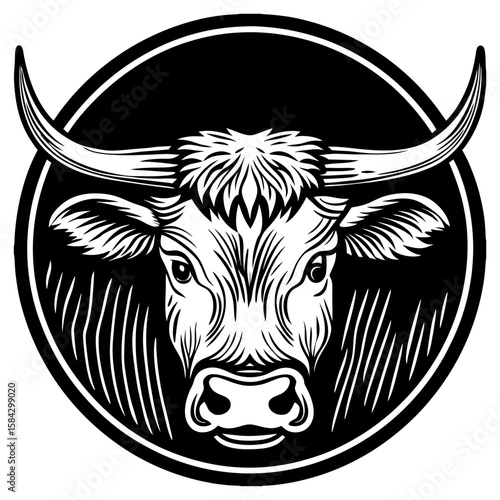 Powerful bull head with long horns in circular frame silhouette