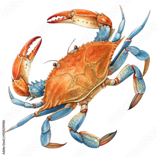 Bright orange crab with lifted claws and blue highlights