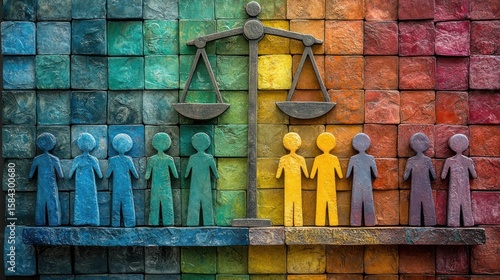 Colorful scale of justice, diverse figures, equality concept, art piece