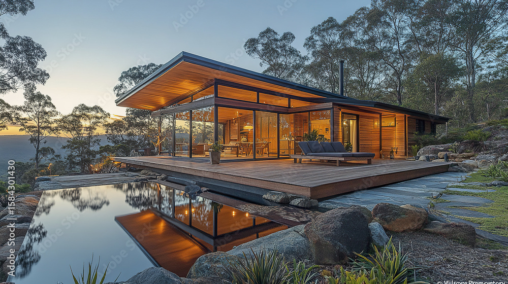 Obraz premium Modern wooden house with large glass windows and spacious deck overlooking serene infinity pool and forested landscape at sunset, creating peaceful atmosphere