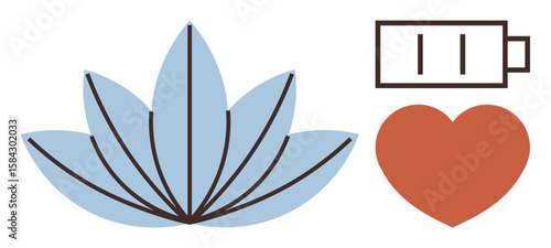 Blue lotus flower, battery symbol, and red heart representing mindfulness, energy, love, self-care, health, relaxation. Ideal for wellness mental clarity vitality sustainability meditation