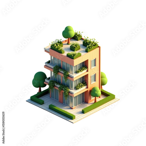 3D Isometric Modern Apartment Building with Green Roof Illustration