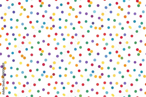 A vibrant scattered pattern of colorful confetti dots on a clean white background for festive occasions