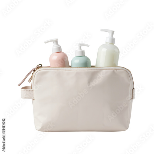 Beige Travel Cosmetic Bag with Pastel Pump Bottles for Toiletries