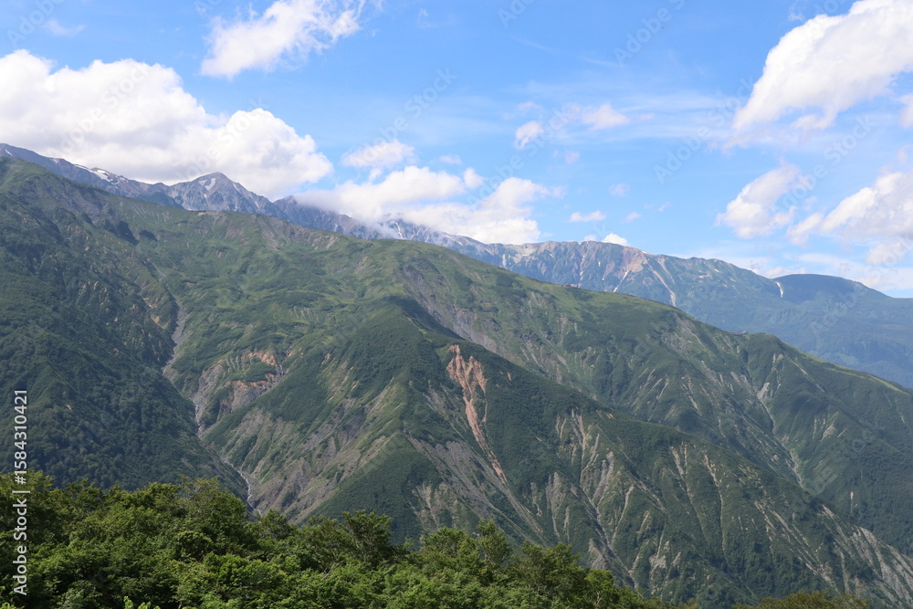 Naklejka premium 白馬 小遠見山の風景。左より白馬鑓ケ岳・小蓮華山・白馬乗鞍岳