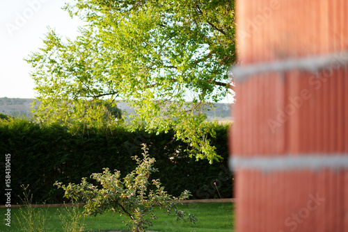 Soft focus red brick wall framing a lush green garden, symbolizing the harmony between construction and nature in a slow-living home project.