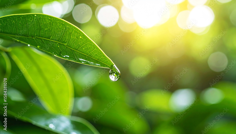Fototapeta premium Emerald Dew: A close-up shot captures a single, glistening water droplet hanging delicately from a vibrant, verdant leaf, bathed in soft, natural sunlight, showcasing the beauty of nature's freshness.