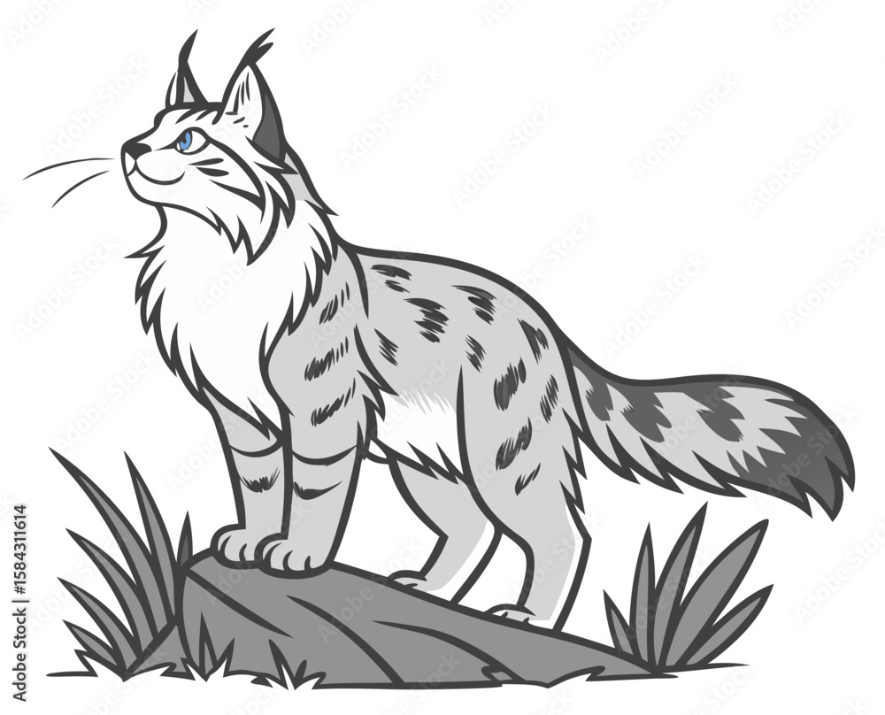 Obraz premium Maine Coon cat standing on a rock surrounded by grass and plants, transparent background 