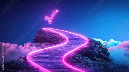 Conceptual roadmap illuminated by vibrant neon hues leads to peak, symbolizing success and achievement. glowing checkmark signifies positive outcome, inspiring motivation and determination