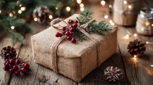 Close-up of a rustic gift wrapped in burlap fabric and tied with natural twine on a neutral background.