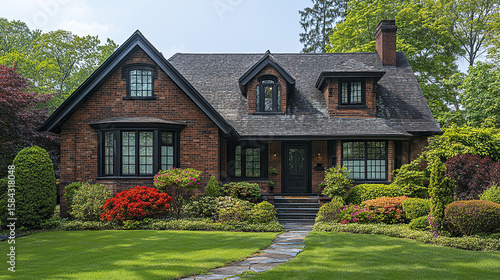 Brick house front yard garden green lawn pathway shrubs trees residential building traditional architecture chimney window door landscaping outdoor suburban home roof daylight nature foliage