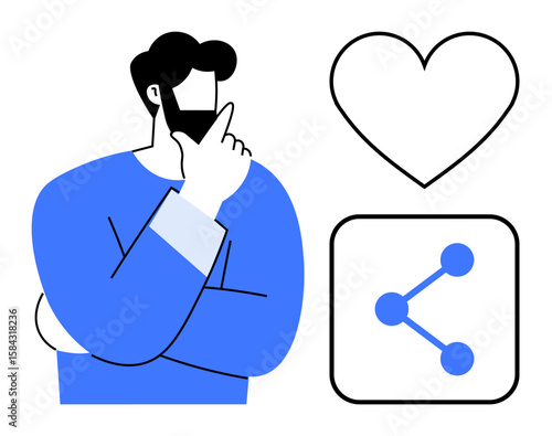 Man with beard contemplating surrounded by heart and sharing icon. Ideal for connection, reflection, decision, care, relationships, social media, and simple landing page