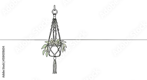 Macramé plant hanger with greenery in minimalist style  