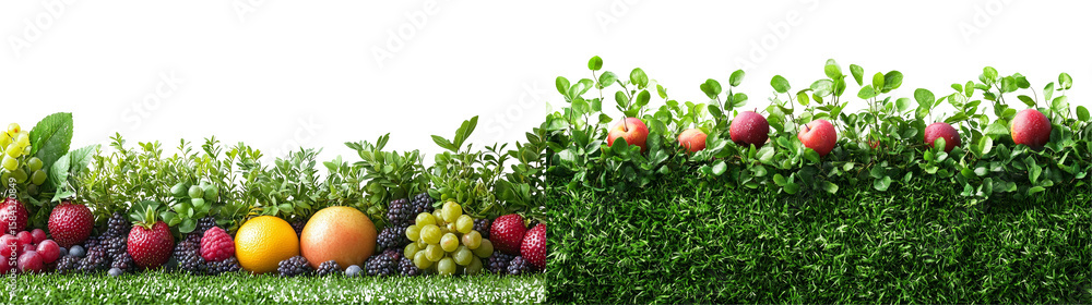 Obraz premium Fresh Fruits and Greenery Displayed on Vibrant Grass Surface for Natural Presentation