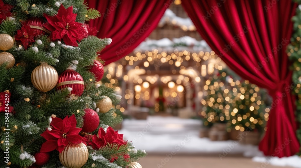 Fototapeta premium Christmas tree decorated with red and gold ornaments in a festive indoor setting with warm lighting.