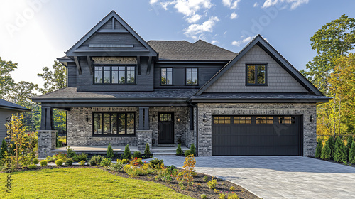 Modern two story gray brick house with large garage and landscaped front yard under bright blue sky with scattered clouds