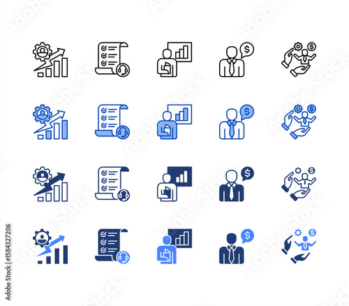 Business incubator icon sheet multiple style with Business development, Business plan, Business coaching, Business advisor, Entrepreneur.