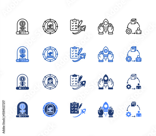 Business incubator icon sheet multiple style with Incubator, Startup, Startup support, Product development