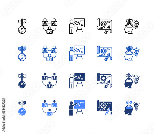 Business incubator icon sheet multiple style with Funding, Investor relations, Pitching, Prototype, Growth mindset.