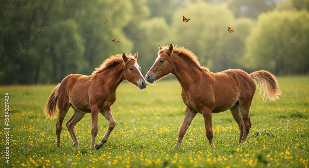 Fototapeta premium Foals in meadow bathed in ethereal sunlight communicate amidst floating butterflies nature's