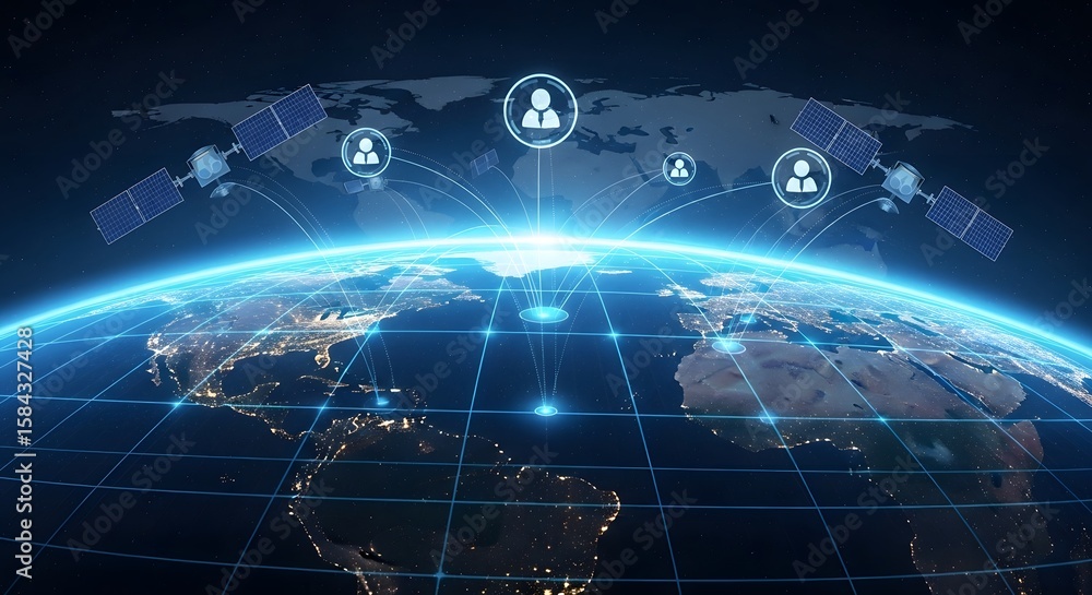 Fototapeta premium Global communications network connecting people across the world via satellites, data streams, and advanced technology systems.